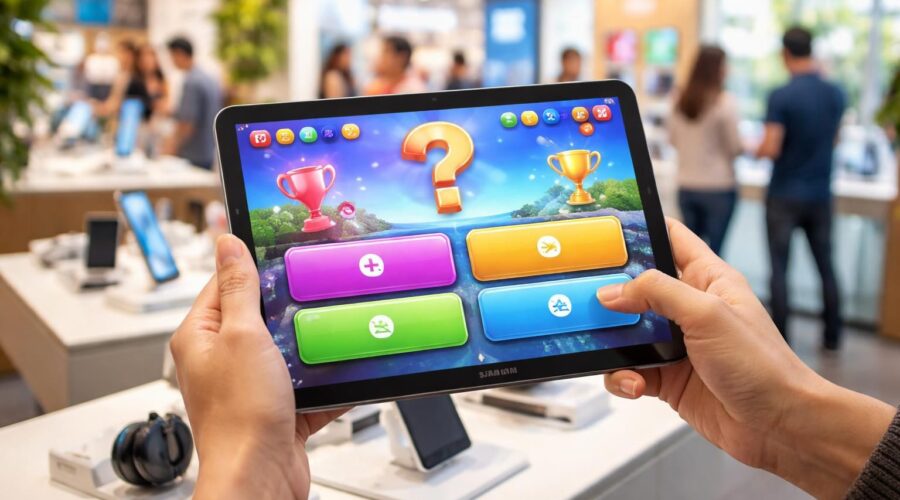 découvrez nos animations interactives avec quiz et jeux concours sur tablettes samsung en boutique pour une expérience client ludique et engageante.