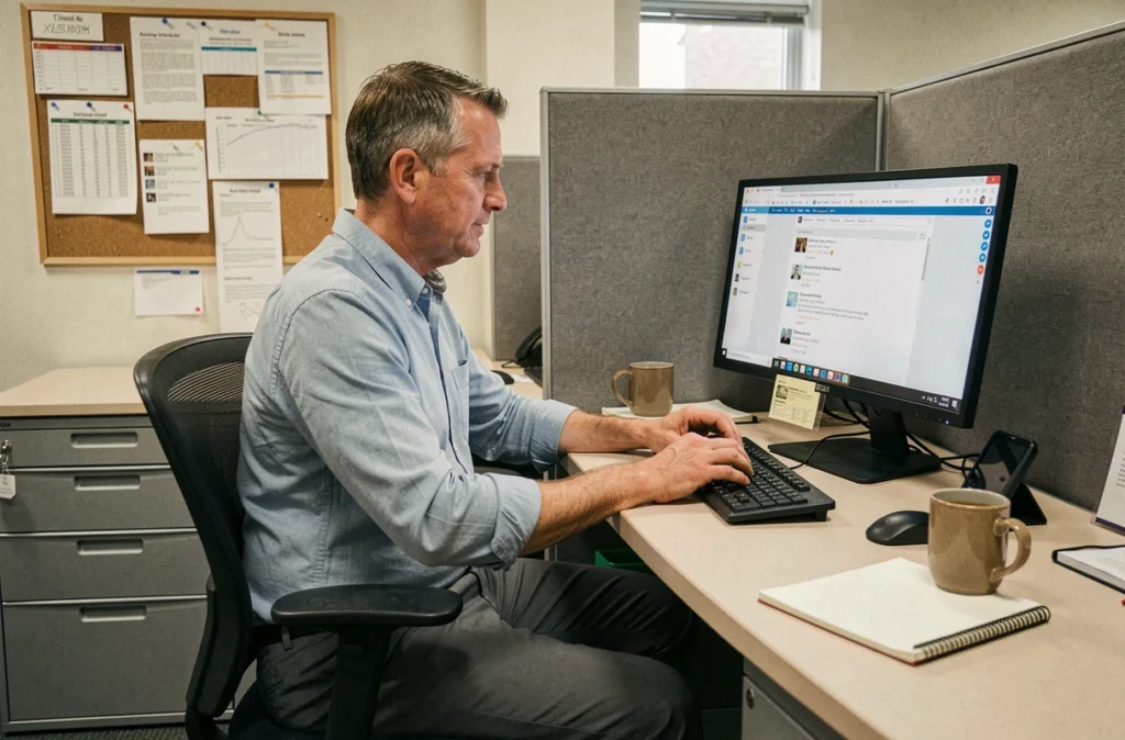 Agent administratif masculin en train de lire ses emails professionnels sur un poste informatique partagé dans un bureau universitaire