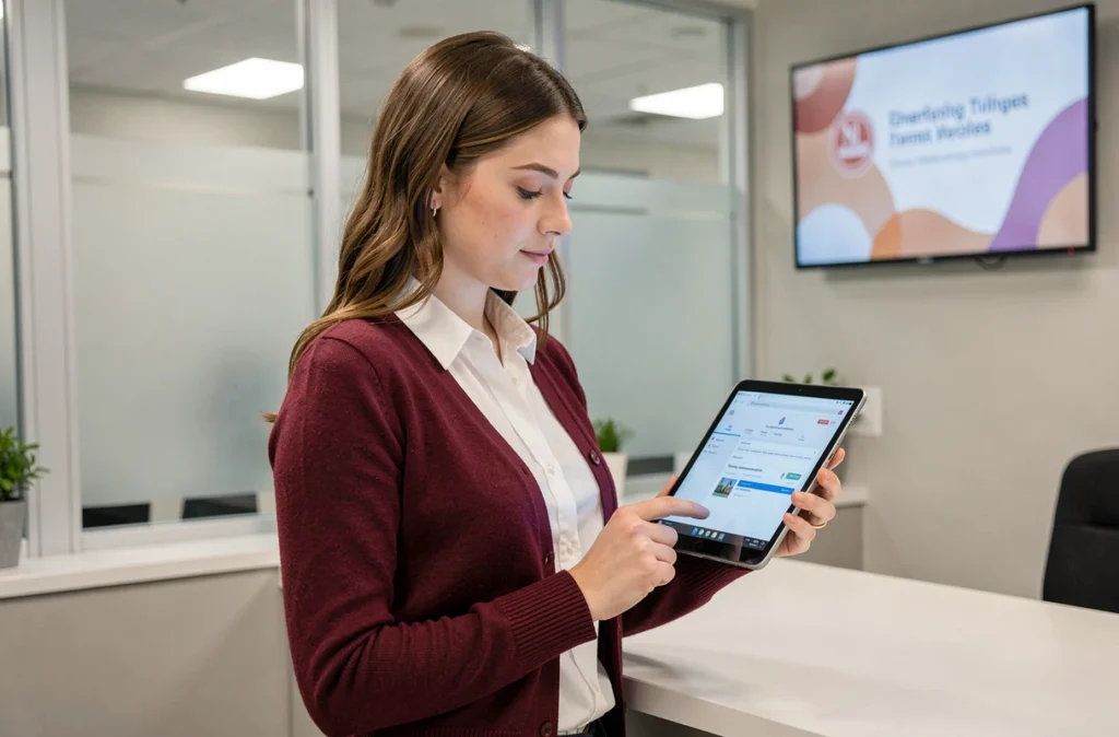Jeune agente administrative consultant le webmail de son établissement sur une tablette dans un espace d'accueil universitaire moderne
