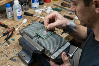Technicien appliquant de la pâte thermique sur une vieille carte graphique lors d'une réparation DIY à petit budget