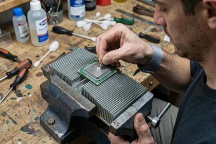 Technicien appliquant de la pâte thermique sur une vieille carte graphique lors d'une réparation DIY à petit budget