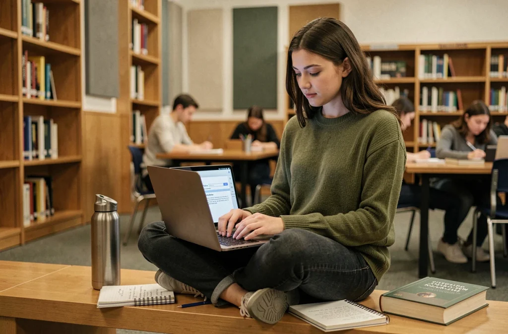 Assistante d'enseignement rédigeant un suivi de cours par messagerie Zimbra sur son ordinateur portable dans une bibliothèque universitaire