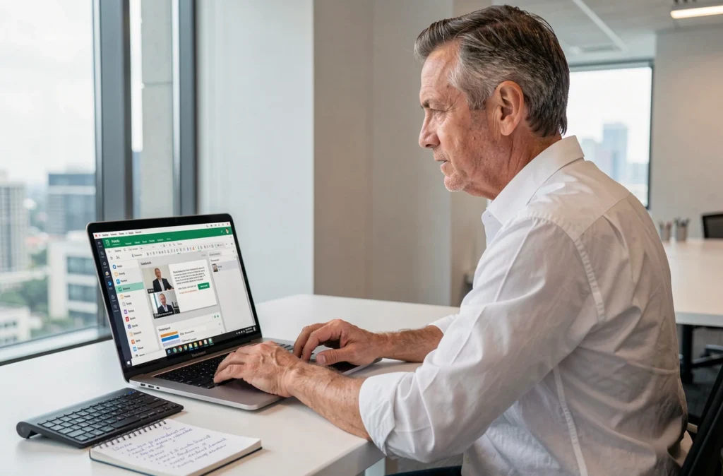 Cadre utilisant un logiciel de visioconférence intégré à une suite bureautique sur ordinateur portable dans un bureau d'entreprise