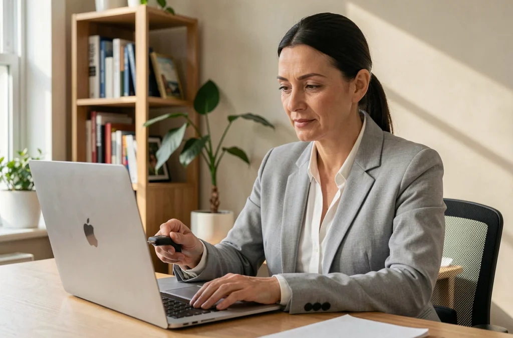 Femme utilisant une clé de sécurité physique pour l'authentification à deux facteurs sur son ordinateur portable à domicile