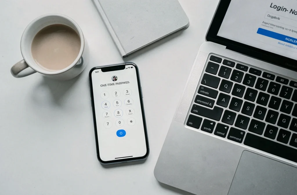 Vue de dessus d'un smartphone affichant un code à usage unique pour la double authentification posé près d'un clavier d'ordinateur