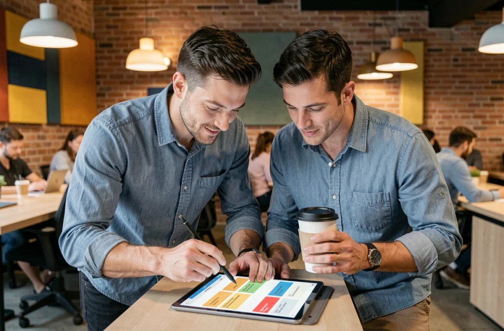 Deux collègues partageant une application de prise de notes collaborative sur tablette dans un espace de coworking