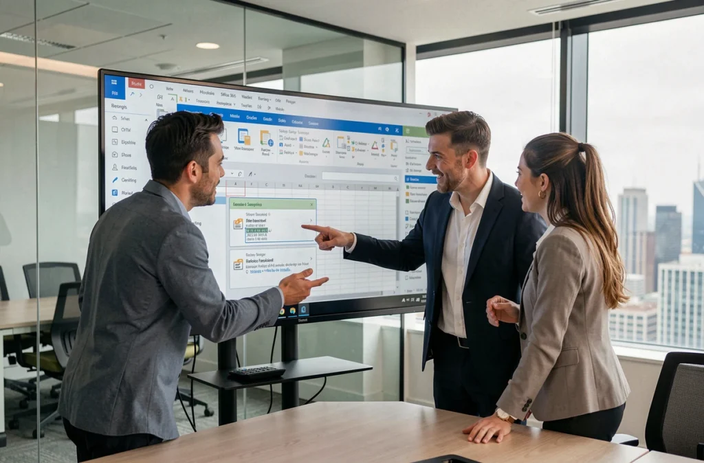 Deux collègues discutant des extensions bureautiques Office 365 dans une salle de réunion vitrée