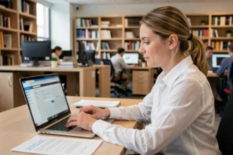 Femme configurant le compte INRAE dans Outlook 365 sur un ordinateur portable dans un bureau professionnel