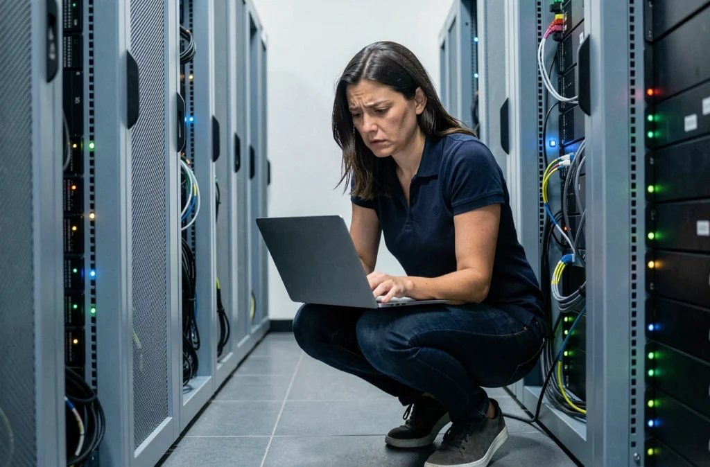 Consultante informatique inquiète inspectant un serveur dans une salle des serveurs d'une petite entreprise après une cyberattaque