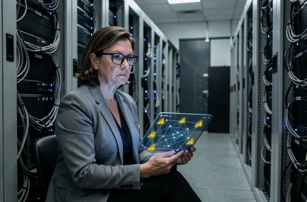 Une professionnelle de la cybersécurité analyse des menaces de phishing générées par l'IA dans une salle de serveurs