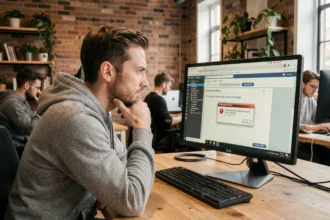 Développeur web contemplant un avertissement de plugin Silverlight sur son écran dans un bureau moderne