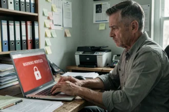 Dirigeant de petite entreprise face à un message de ransomware sur son ordinateur portable dans un bureau encombré