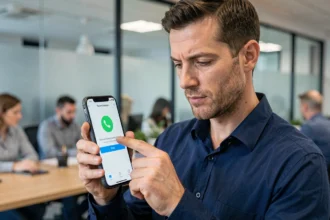 Homme en chemise bleue validant une double authentification sur son smartphone dans un bureau moderne