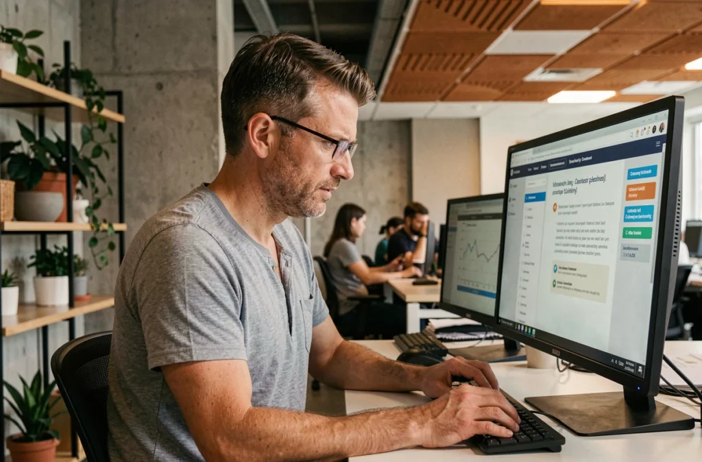 Employé suivant un module de formation en ligne sur les cybermenaces depuis son poste de travail dans un espace de coworking