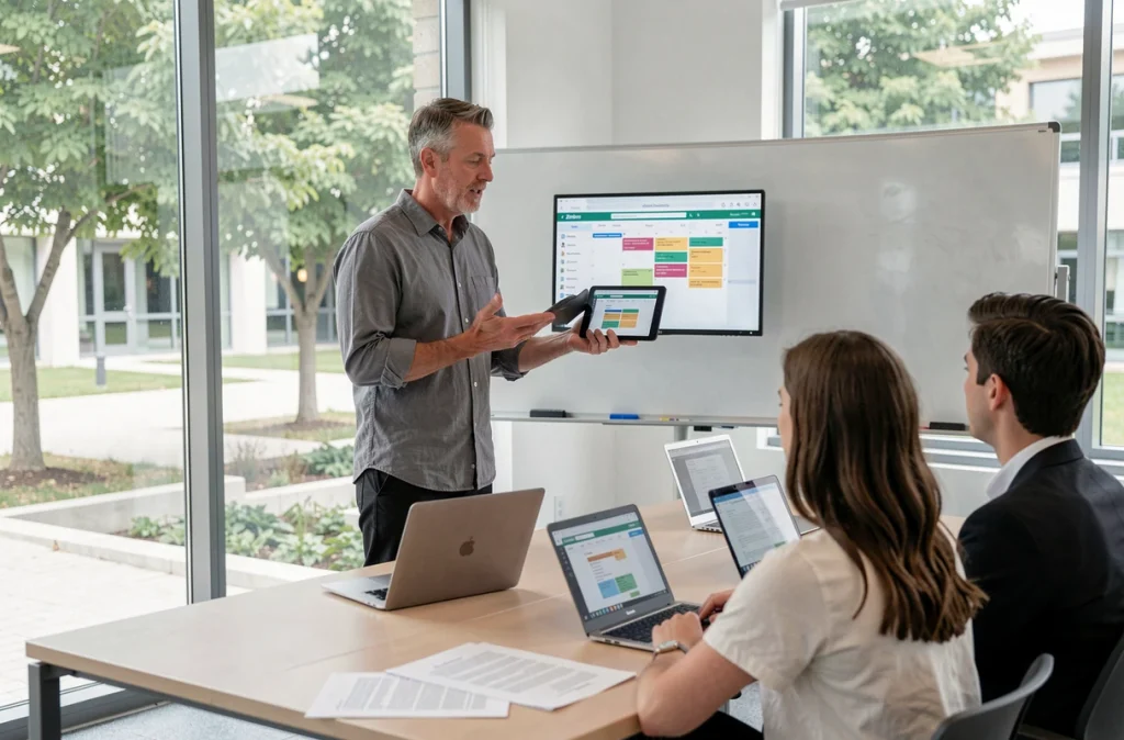 Enseignant universitaire présentant le calendrier Zimbra sur tablette lors d'une session avec des étudiants en salle de séminaire