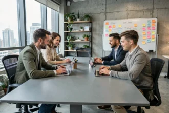 Équipe de professionnels collaborant autour d'outils de prise de notes numériques en réunion de bureau