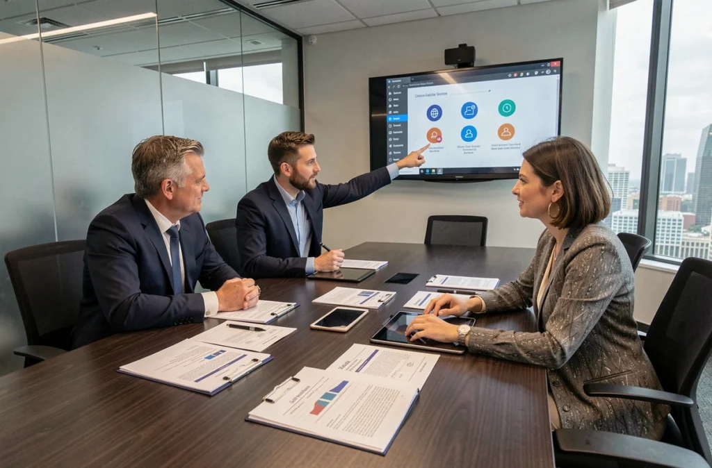 Équipe de professionnels en réunion discutant du partage sécurisé de documents d'entreprise autour d'une table de conférence moderne