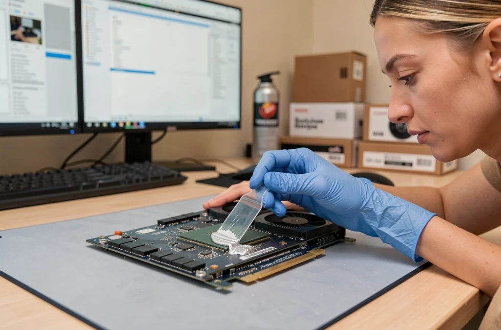Femme étalant de la pâte thermique sur une puce GPU pour optimiser une carte graphique reconditionnée