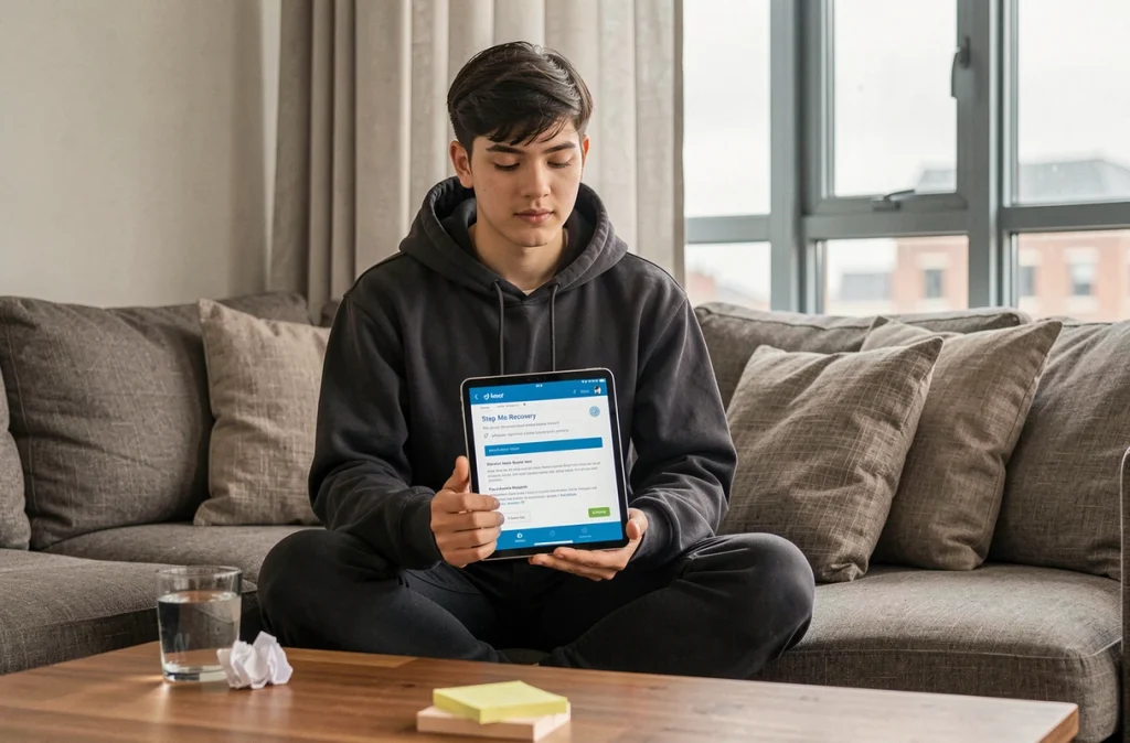 Jeune adulte suivant les étapes de récupération de compte webmail sur une tablette dans son salon