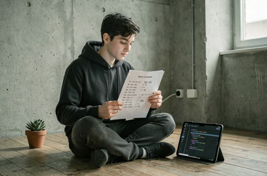 Jeune étudiant consultant une fiche de conversion des octets et bits posée sur le sol d'un appartement minimaliste