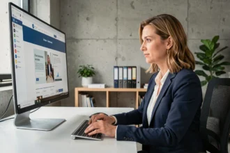 Femme professionnelle analysant l'évolution d'un site web Melanie sur un écran d'ordinateur dans un bureau moderne en 2026