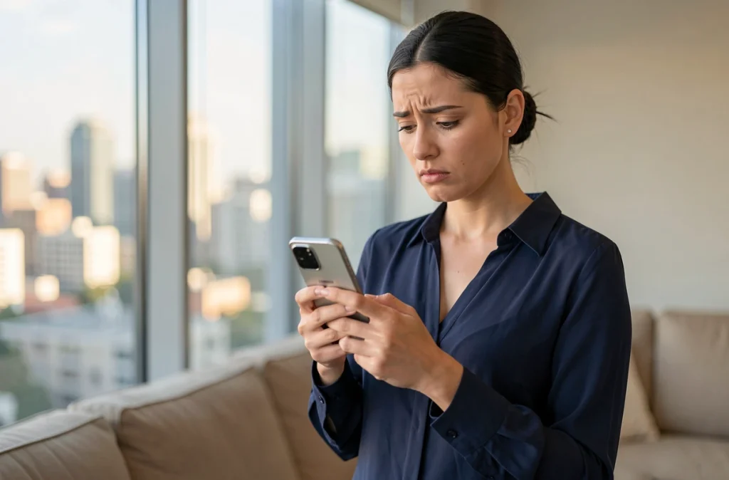 Femme dans un appartement consultant son téléphone Samsung avec un message d'erreur de réseau