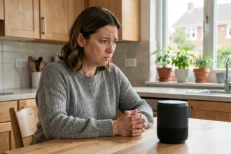 Femme inquiète face à un assistant vocal connecté dans une cuisine domestique, illustrant les risques de confidentialité des objets connectés
