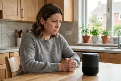 Femme inquiète face à un assistant vocal connecté dans une cuisine domestique, illustrant les risques de confidentialité des objets connectés