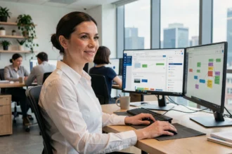 Femme professionnelle travaillant sur des logiciels d'automatisation de tâches bureautiques dans un open space moderne