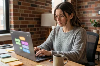 Femme utilisant un chatbot IA sur ordinateur portable dans un bureau à domicile moderne