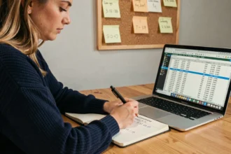 Femme prenant des notes sur la conversion des octets et des bits dans un carnet, devant un ordinateur portable affichant des données numériques