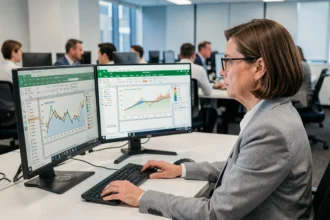 Femme professionnelle utilisant des extensions Excel sur un double écran dans un bureau moderne