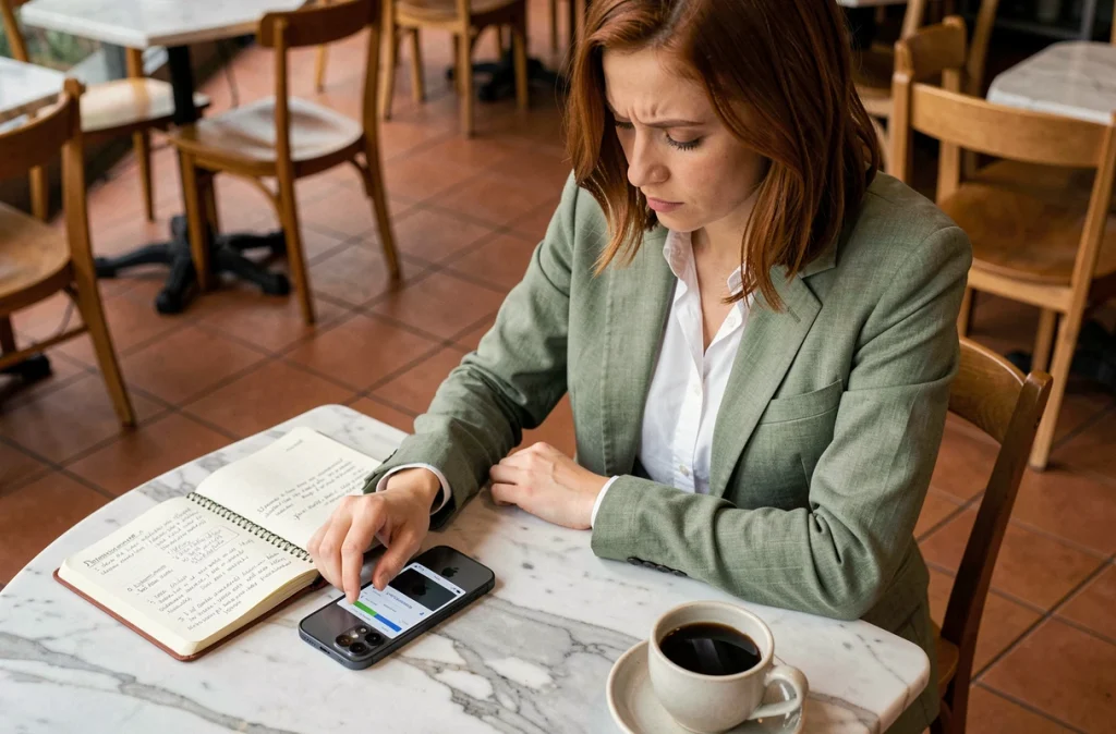 Femme prenant des notes sur les caractéristiques de l'iPhone 16 dans un café, comparant les promesses marketing d'Apple aux spécifications réelles
