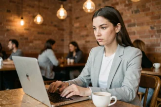 Femme utilisant un ordinateur portable dans un café public tout en vérifiant la sécurité de sa connexion WiFi