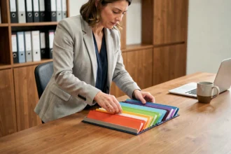 Femme professionnelle organisant des dossiers colorés sur un bureau en bois dans un bureau moderne