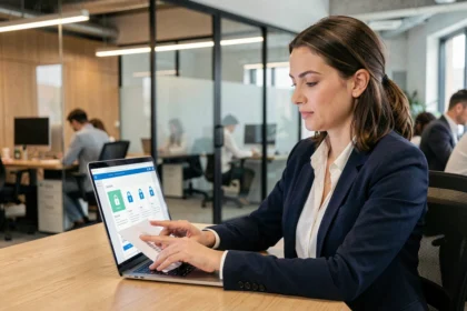 Femme professionnelle en blazer marine consultant une interface de partage sécurisé de documents sur un ordinateur portable dans un bureau moderne