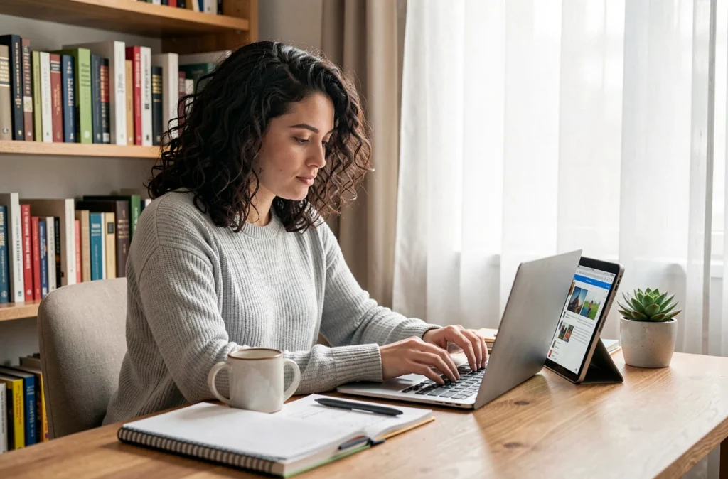 Femme utilisant des outils de prise de notes numériques depuis son bureau à domicile