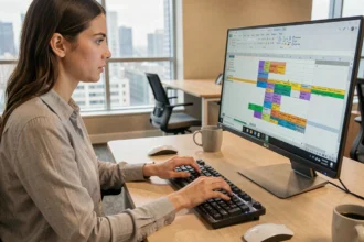 Femme utilisant des raccourcis clavier sur Excel dans un bureau moderne