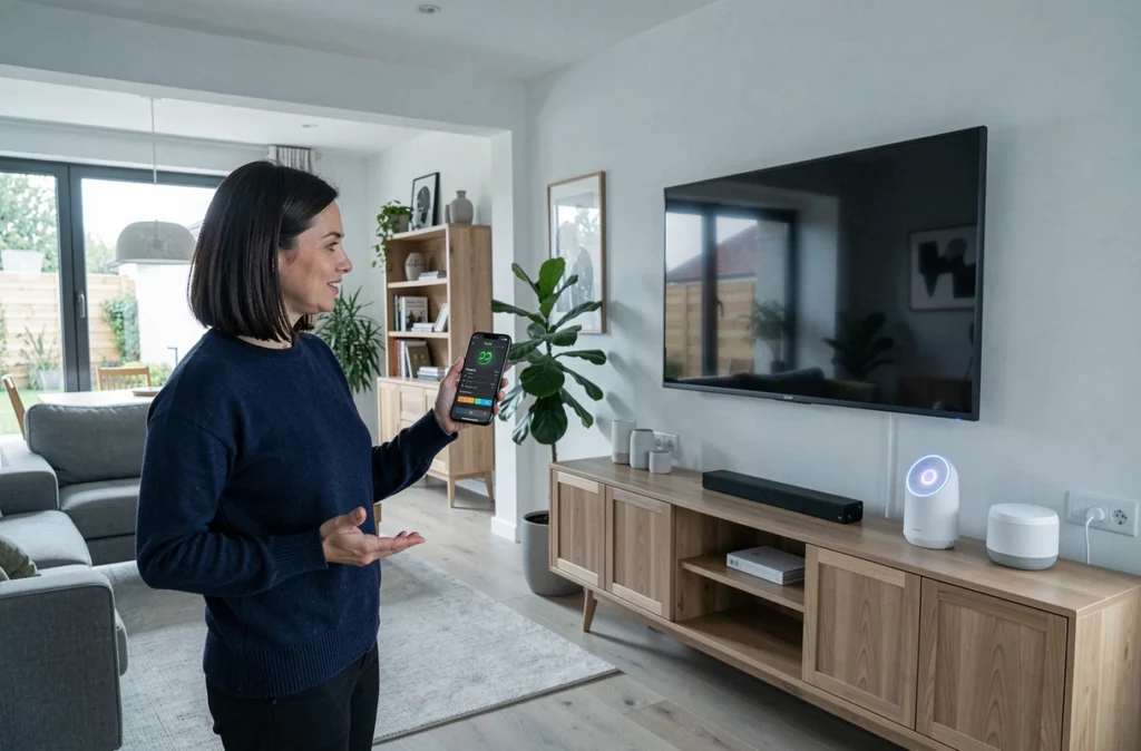 Femme dans un salon connecté avec TV intelligente et appareils Wi-Fi 7