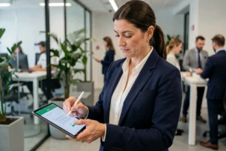 Femme cadre signant un document administratif sur tablette numérique dans un bureau moderne avec signature électronique