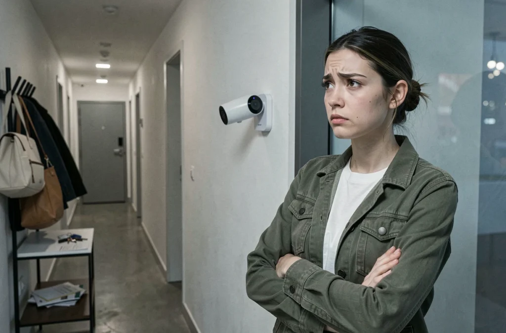 Jeune femme méfiante face à une sonnette connectée à caméra dans un couloir d'appartement moderne, évoquant la surveillance et la vie privée