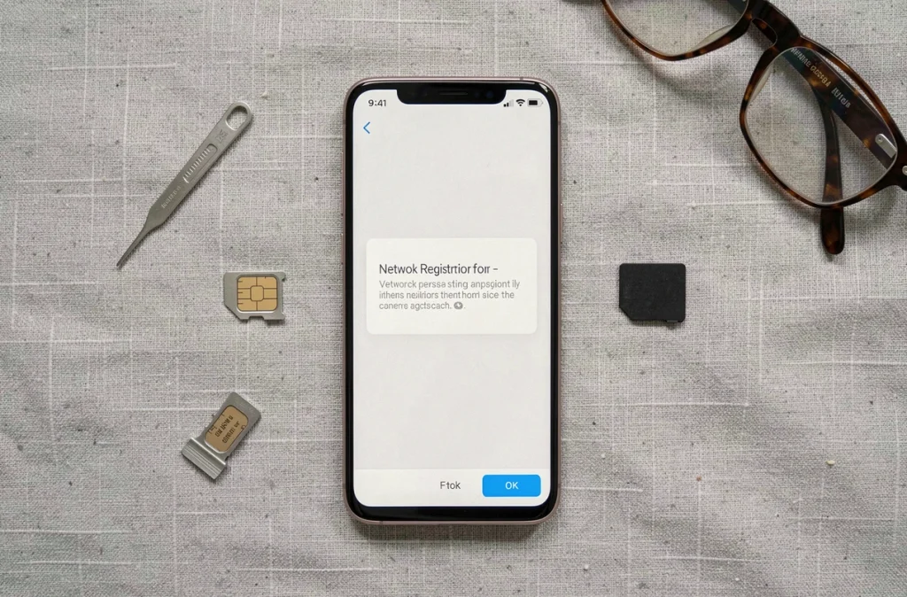 Vue du dessus d'un Samsung avec erreur réseau accompagné d'une carte SIM et outils de dépannage