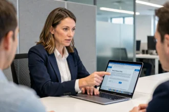 Formatrice en cybersécurité expliquant une tentative de phishing à des collègues lors d'une session de formation en entreprise