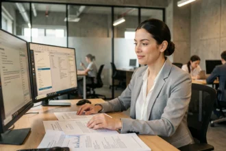 Femme professionnelle analysant plusieurs versions d'un document sur deux écrans dans un bureau moderne collaboratif