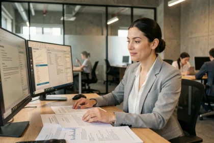 Femme professionnelle analysant plusieurs versions d'un document sur deux écrans dans un bureau moderne collaboratif