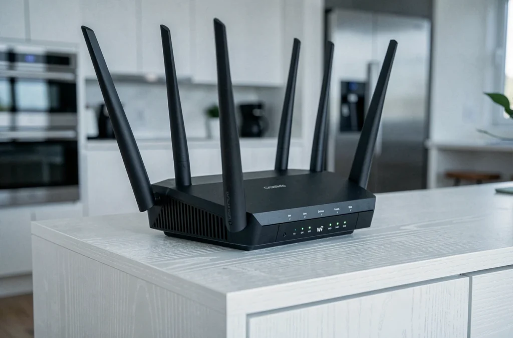 Gros plan d'un routeur Wi-Fi 7 tri-bande posé sur un meuble dans une maison connectée