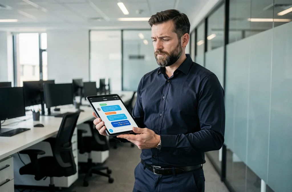 Homme d'affaires analysant une interface de chatbot IA sur tablette dans un bureau technologique