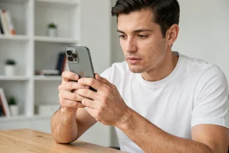 Homme analysant de près un iPhone 16 à son bureau minimaliste, examinant les caractéristiques techniques cachées du smartphone Apple
