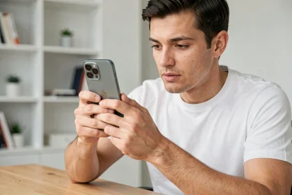 Homme analysant de près un iPhone 16 à son bureau minimaliste, examinant les caractéristiques techniques cachées du smartphone Apple
