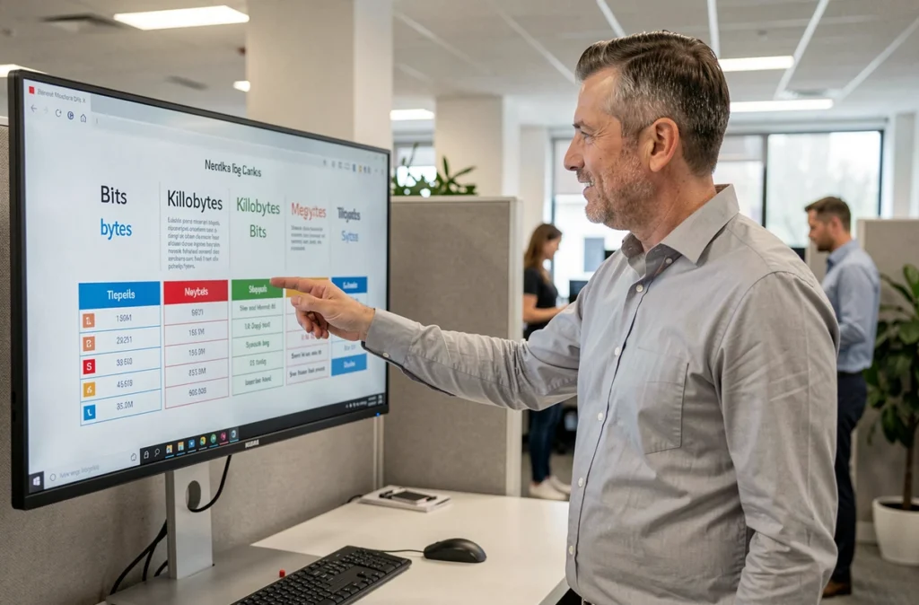 Homme en bureau moderne expliquant une infographie de conversion entre octets et bits sur un grand écran